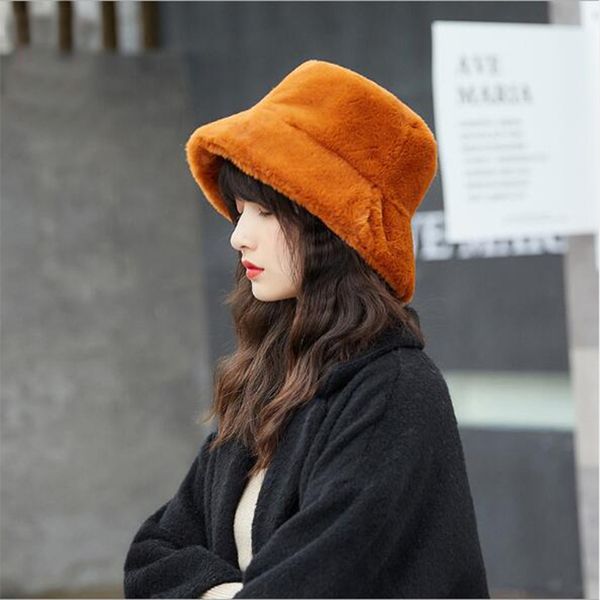 

fisherman hat women's autumn and winter plush basin cap monochrome flat wide hat casual fashion thick fur warm, Blue;gray