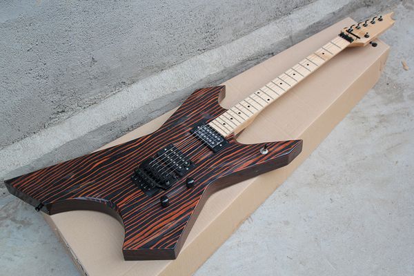 Personalizada de fábrica Unusual Forma Guitarra elétrica com Zebra Madeira Corpo, bordo Fingerboard, Hardware Preto, oferta personalizada