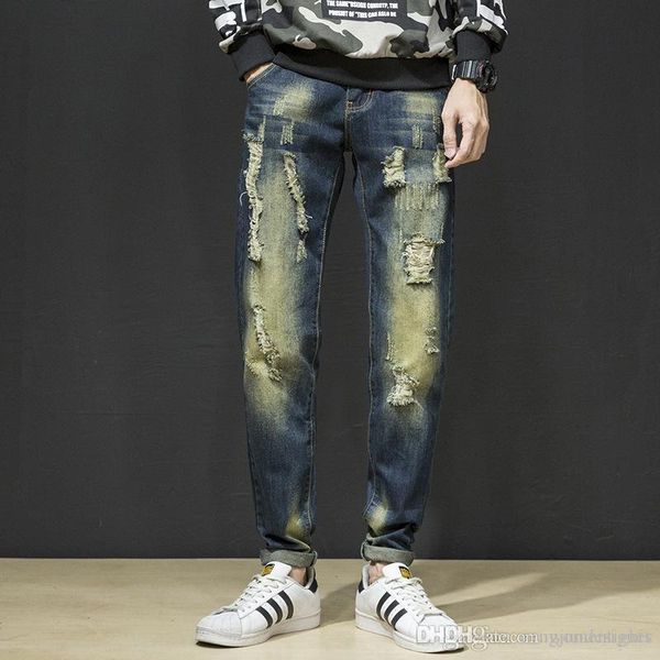 

mens retro new designer jeans hole fashion style button zipper blue homme clothing hip hop casual apparel