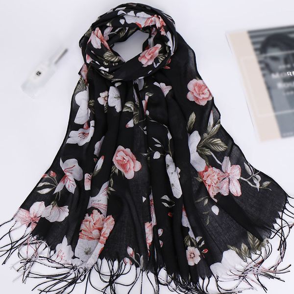 

2019 fashion tassel long print woman scarf thin summer shawls and wraps flowers scarves for ladies bandana echarpe foulard femme t200609, Blue;gray
