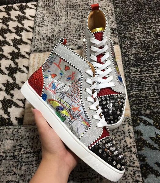 

luxury spiked toe flats exquisite red bottom graffiti beads leather with studs sneakers shoes new brand men women high walking size35-46, Black