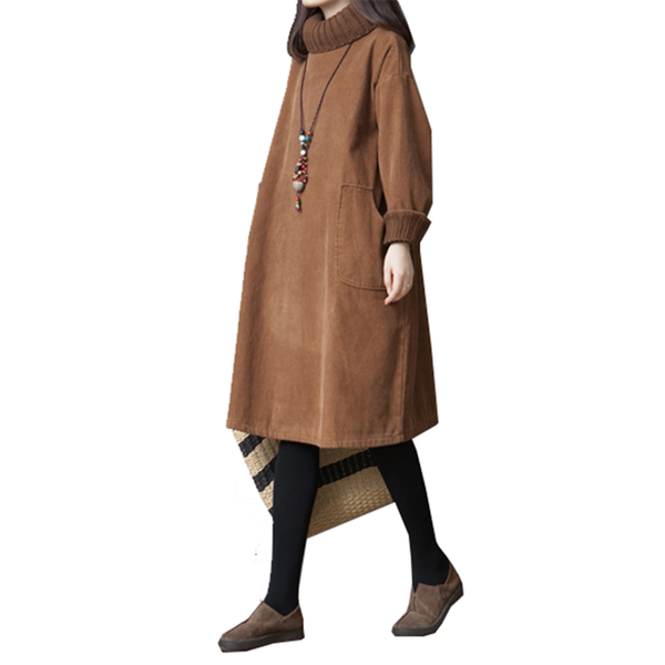 

women's western style plus size dress autumn winter korean loose long sleeve corduroy plus velvet turtleneck long dresses women, Black;gray