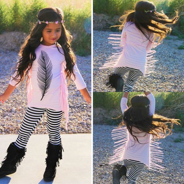 

toddler baby girls 2t-7t long sleeve tassel +striped pants leggings outfit clothes, White