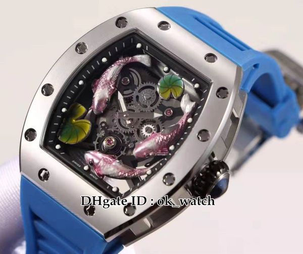 

new 57-01 3d brocade carp totem dial miyota automatic mens watch silver case blue rubber strap gents watches 10 colors, Slivery;brown