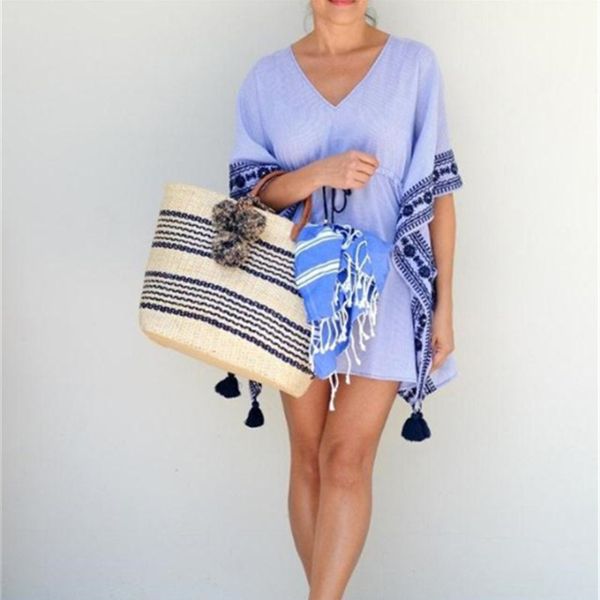 

european and american tide style handmade bohemia vacation striped pompom straw bag handbag beach bag