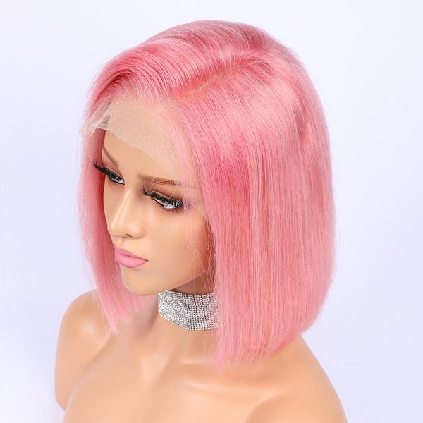 

10 в розовом цвете короткий парик боба 13x6 парики фронта шнурка человеческих волос индийский реми волос предварительно сорвал линия волос о, Black