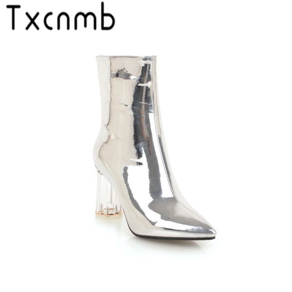 

txcnmb 2019 boots women mid-calf boots sequins pu high heels pointed toe autumn winter zip shoes woman size 34-43, Black
