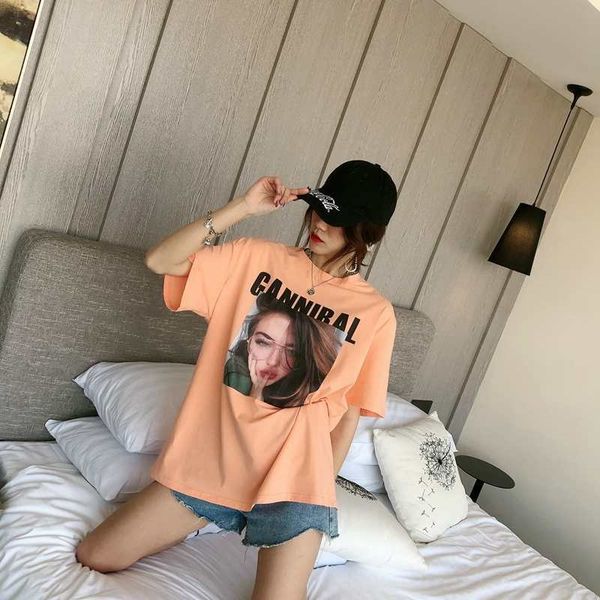 

2020 ice silk cotton women's t-shirt candy pullover round collar pullover fashionable candy color student printing short sleeve midi, White