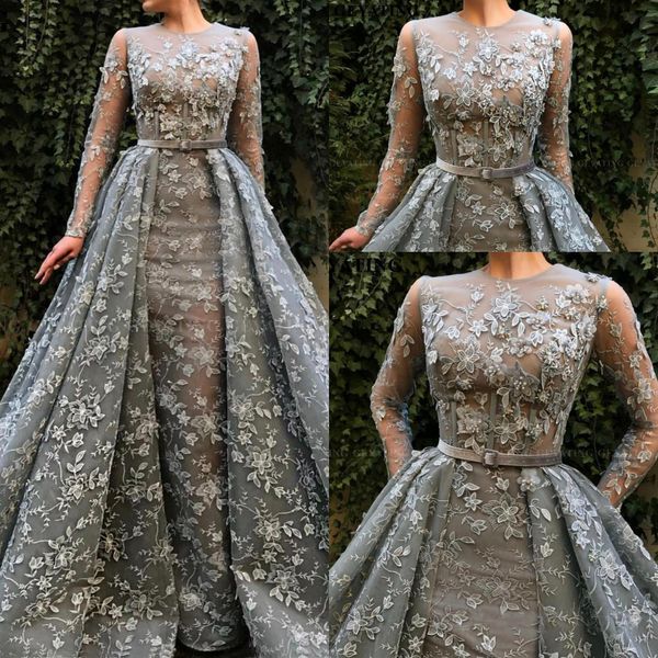 

arabic silver lace long sleeves overskirt prom dresses2019 with detachable skirt 3d floral appliques dubai pink evening gowns long