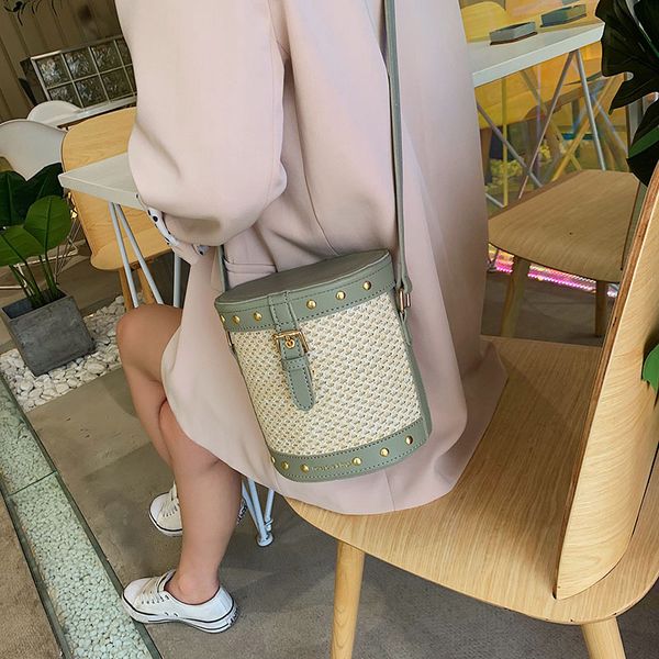 

beau-women's straw bucket bag rivet crossbody bag summer travel crossbody shoulder women's tote