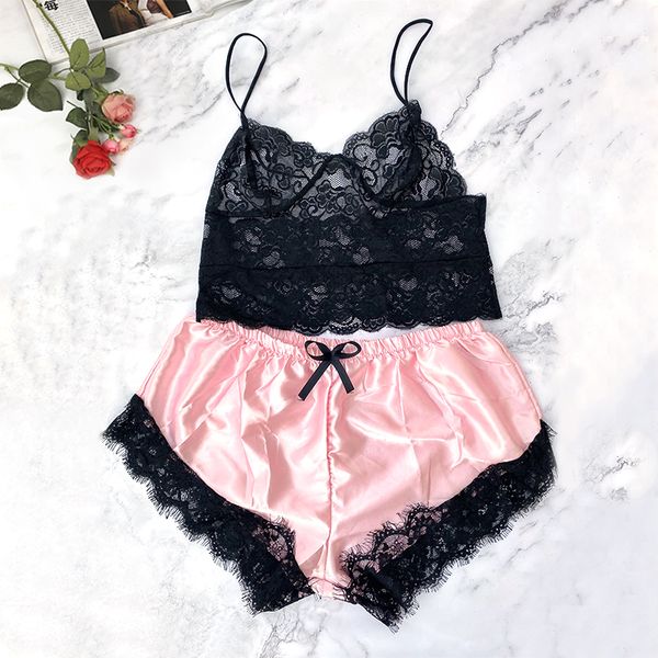 2 pezzi sexy lingerie di pizzo reggiseno fiocco mutandine intimo set cut-out mujer indumenti da notte femminile pijama set donna camicia da notte vestiti per la casa