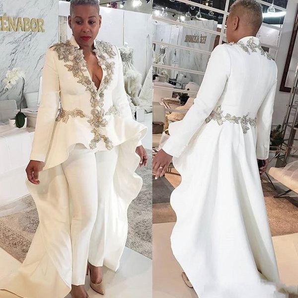 

2020 white women jumpsuits evening dresess beaded long sleeve deep v neck prom dress custom made sweep train formal party gowns, Black;red