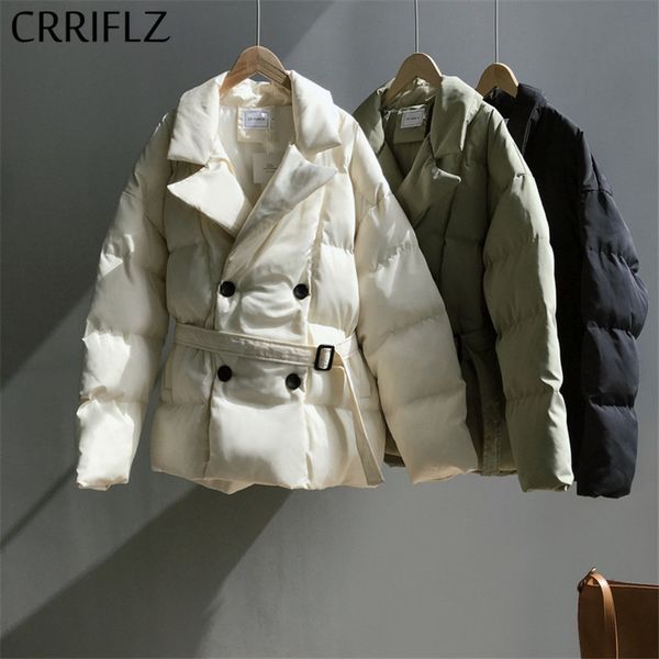

crriflz womens winter jackets short warm adjustable waist jacket double breasted parka down jacktes casual turndown collar coats, Black