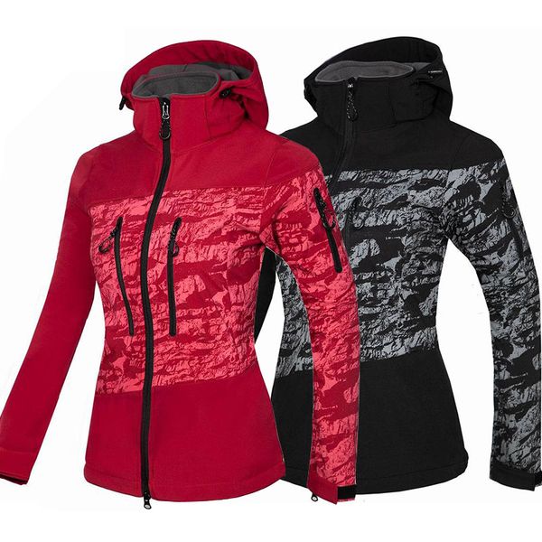 

2019 women softshell fleece warm hiking suit waterproof rain jacket hunting outdoor clothing windproof breathable hooded jacket, Blue;black