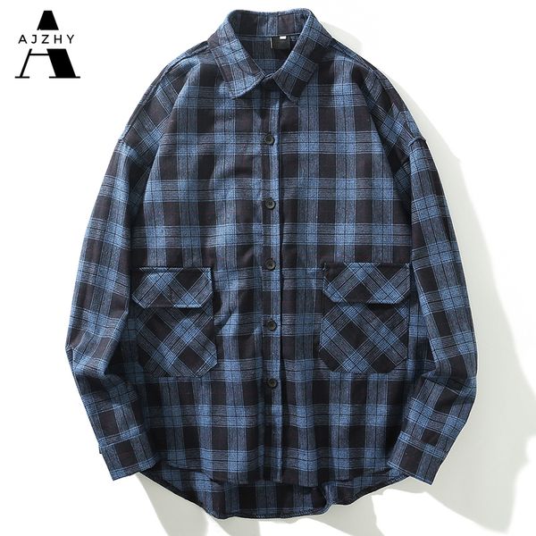 

pockets long sleeve plaid shirts men 100% cotton hip hop casual streetwear dress shirts coats harajuku fashion thick shirt, White;black