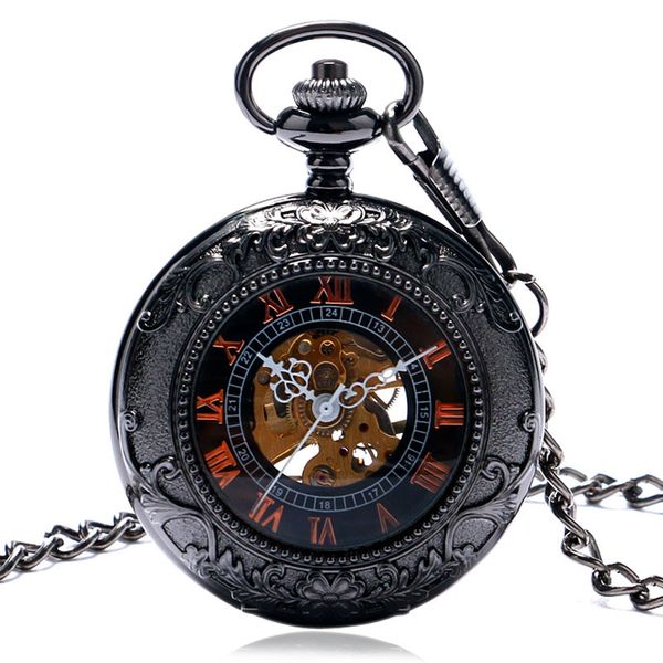 

classic antique hollow cover watches men women hand-winding mechanical pocket watch roman numeral skeleton dial clock pendant chain gift, Slivery;golden