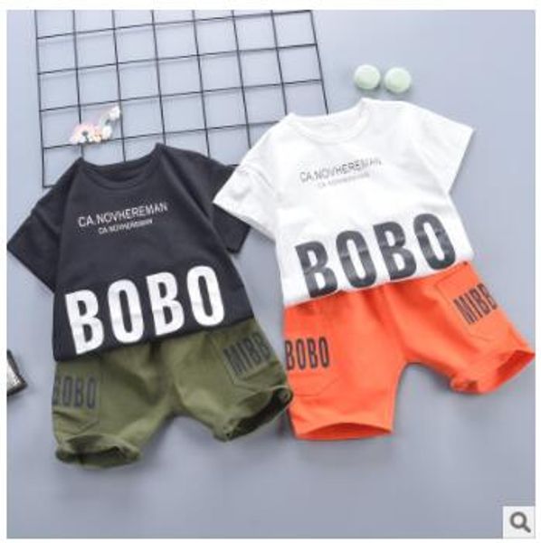 

boy short sleeve cotton o-neck letter print t-shirt and short trousers suits children summer short and trousers clothing set two pieces, White