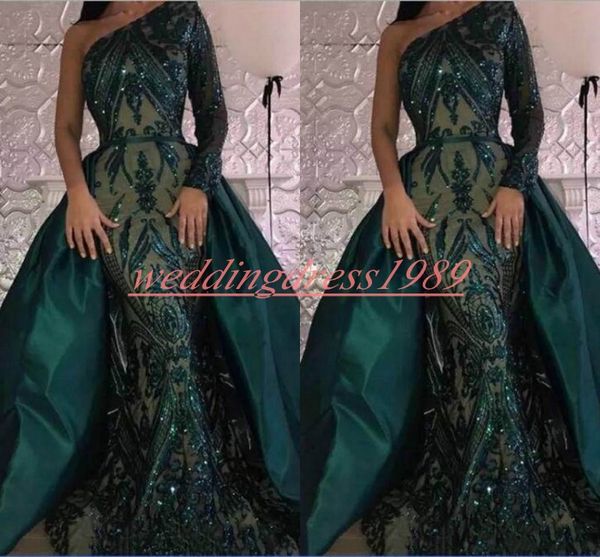 Elegante Sequins manga comprida Mermaid Vestidos destacável saia de um ombro Partido Verde Wear Robe De Soiree Prom Bola Pageant Vestido