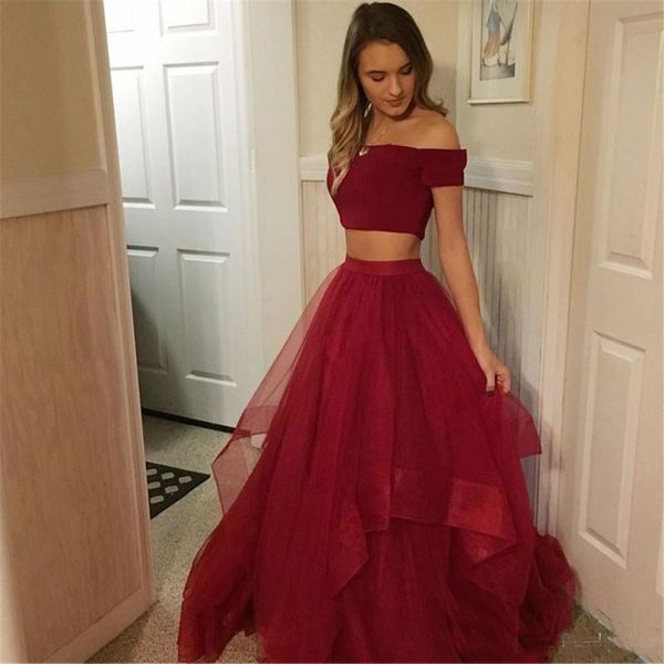 

Simple Dark Red Two Piece Prom Dresses Boat Neck Short Sleeve A-Line Tulle Long Evening Gowns 2019 Cheap Party Dress Gowns