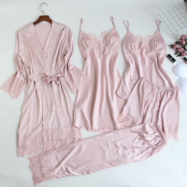 

women 5pcs pajamas sets satin lace sleepwear autumn winter home wear nightwear pjamas for women nightie home clothes, Black;red