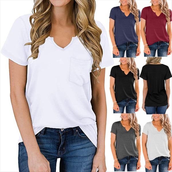 

2020 лето футболки пуловеры v-образным вырезом карман сплошной цвет футболки свитер с коротким рукавом верхней, White