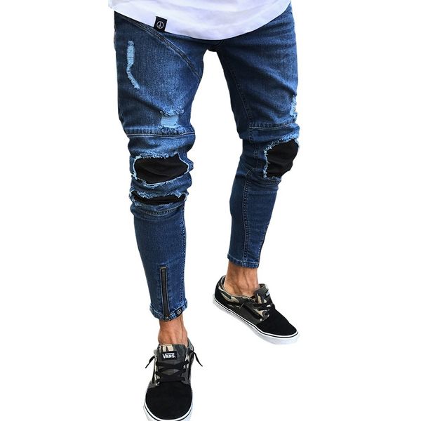 

spliced jeans for men straight men denim jeans ankle-length pants homme, Blue