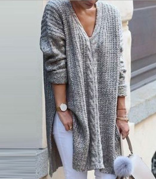 

autumn &winter sweater women's casual loose v-neck long-sleeved solid color long coat, Black;brown