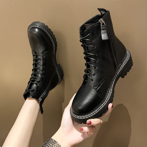 

women's rubber boots booties woman 2019 low heel shoes luxury designer boots-women winter footwear round toe lace up rain black