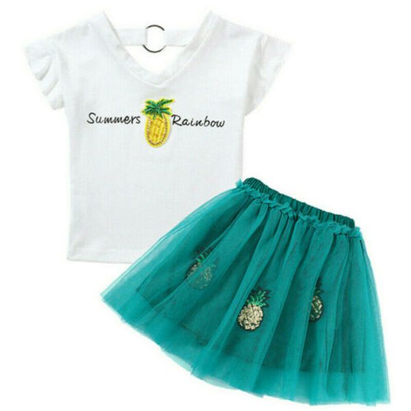 

toddler kids baby girls summer t-shirt +skirt dress outfits clothes 2pcs set, White