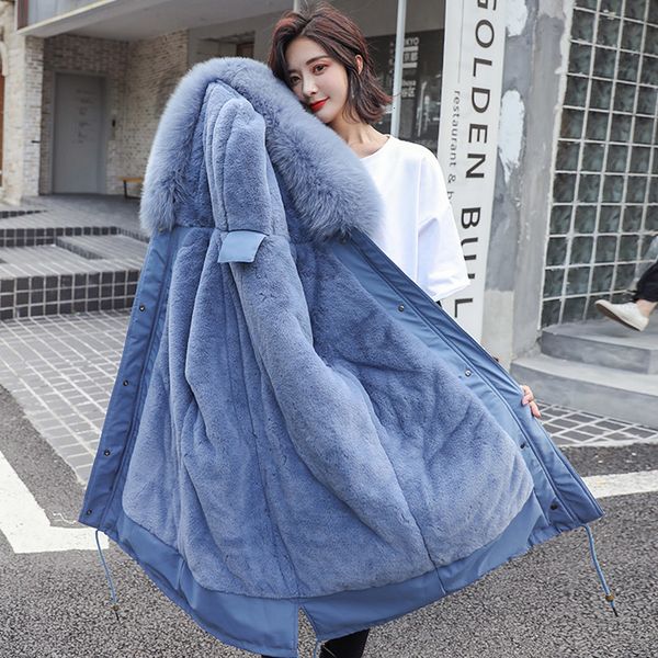 

2019 autumn winter jackets women fur collar long parkas imitation rabbit fur lining winter coats casual cotton womens outwear y190926, Black;white