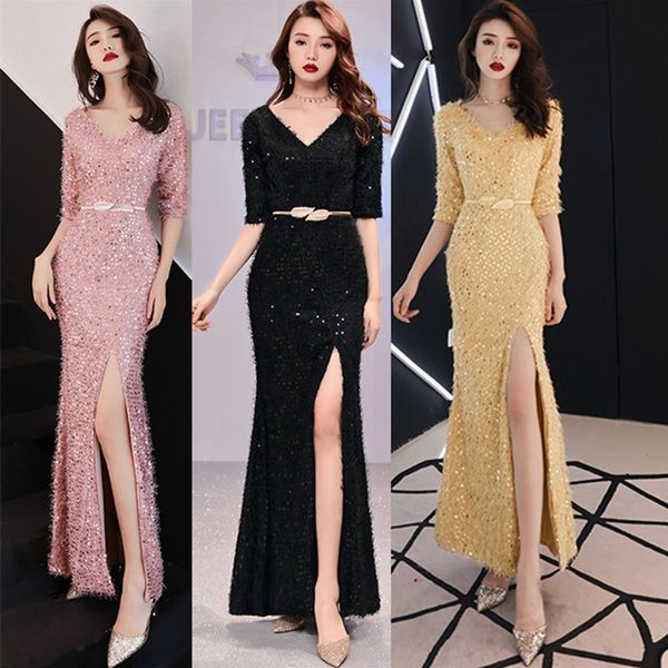 

casual dresses dress female host fishtail high temperament long v-neck, Black;gray