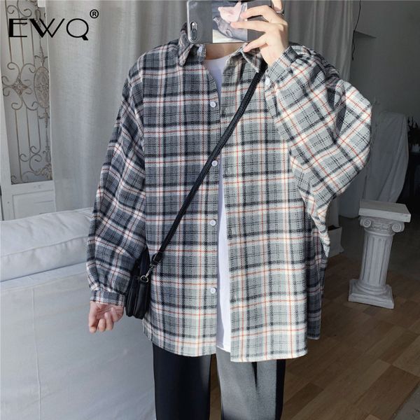 

ewq / autumn winter 2019 plaid lantern sleeve turn-down collar open stitch loose coat man's korea style temperament jacket fs982, Black;brown