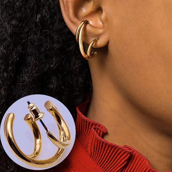 

staggered geometric studs hoop earrings hang gold for women three circle fashion earrings2020, Golden;silver