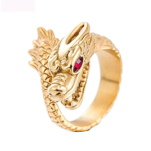 

fashion dragon jewelry rings vintage titanium steel ring rectangle red gemstone titanium steel ring gold color jewel ring ing, Silver