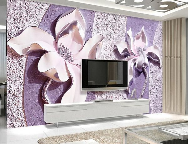 3d Wall Mural Wallpaper Home Decor Green Mountain Waterfall Original Embossed Purple Magnolia 3d Photo Wall Paper For Living Room Bedroom