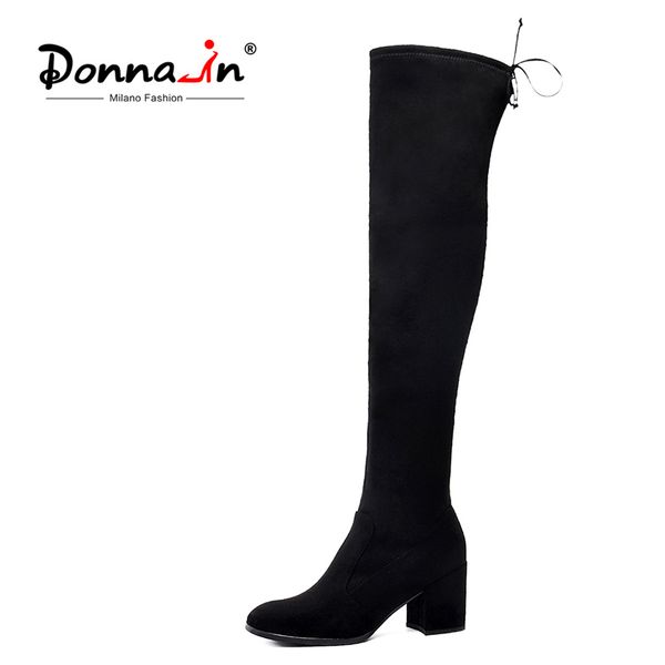 

donna-in women winter thigh high boots over the knee female genuine leather shoes lace up high heels black long bota feminina