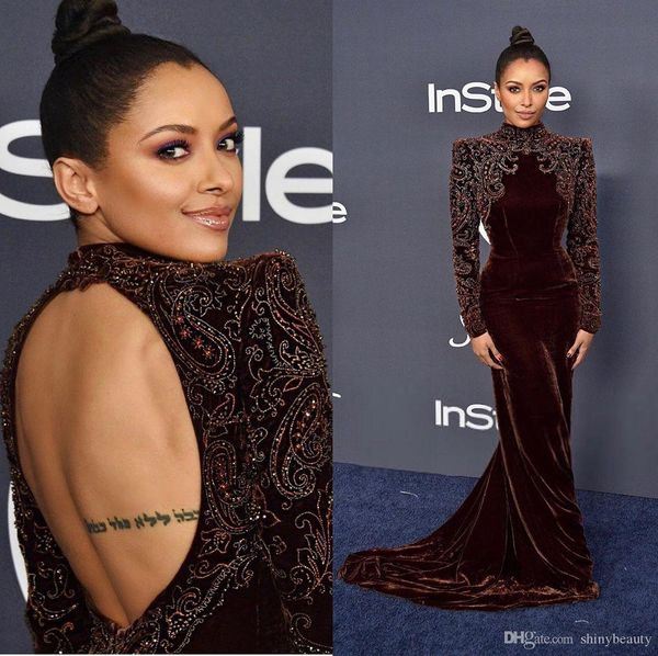 

2020 arabic aso ebi brown luxurious evening dresses beaded sheath prom dresses backless velvet formal party second reception gowns zj66, Black;red