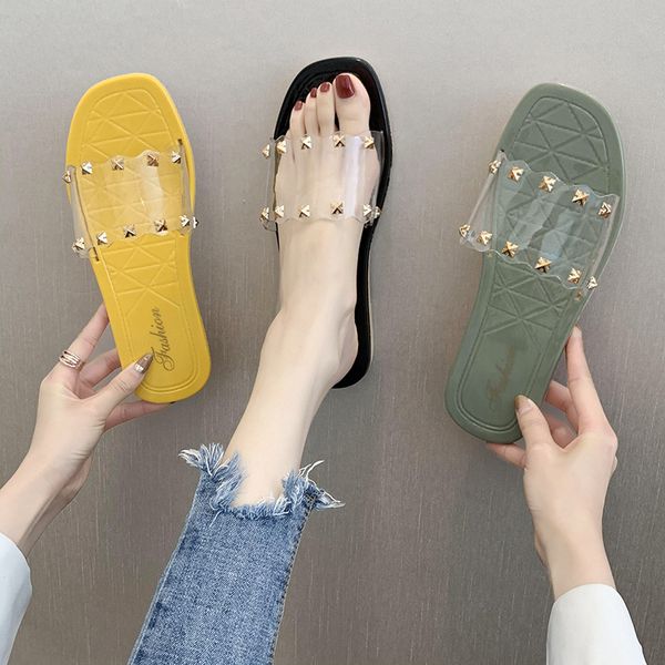 

candy shoes women rivets/square buckle/daisy transparent sandalias femme open toe flats clear sandales comfy jelly sandals women, Black