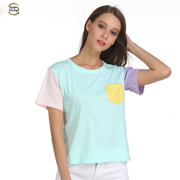 

summer t-shirt womens harajuku kpop exo casual short sleeve o-neck patchwork tee shirt femme bottoming drop shipping, White