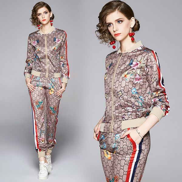 

casual womens set jackets+pants high-end printed two piece set fashion sport suits 2020 spring autumn girl sets, White