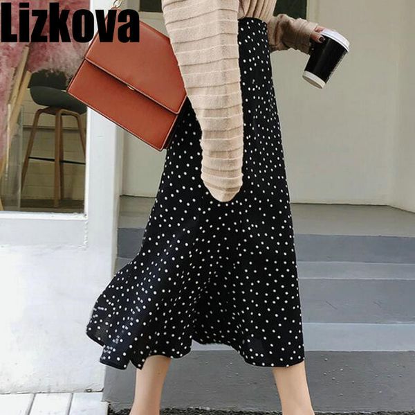 

2020 spring summer black polka dots chiffon skirt korean style women high waist mermaid skirt elegant midi skirt, Black;gray
