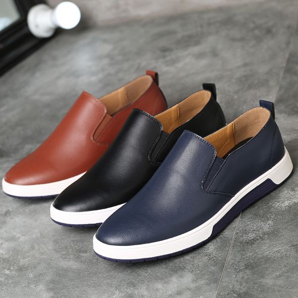 

2019 new brand mens fashion casual slip flats leather shoes male big size 38-48 breathable lightweight student shoes a113, Black