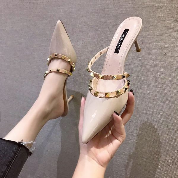 

2020 women shoes summer mules slippers high heels sandals rivets pointed toe thin heels outside slippers ing, Black
