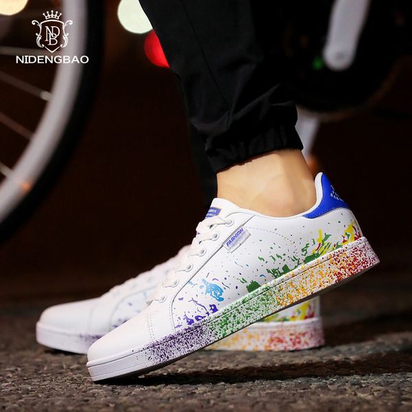 

lovers sports skateboard shoes men women fashion colorful ink jet footwear match white shoes leather casual sneakers