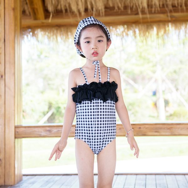 

ins korean children's swimsuit girls baby ruffle strap one piece swimsuit spring grid bathing suit hat beach wear yz20032, Black