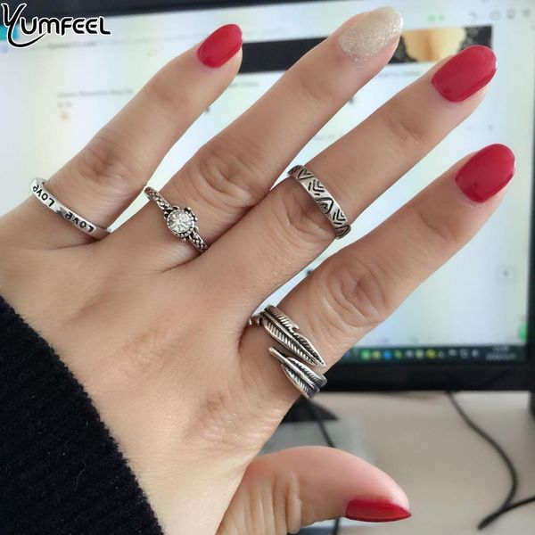 

new vintage jewelry unique love crystal leaf feather ring set 4pcs/set midi rings, Golden;silver