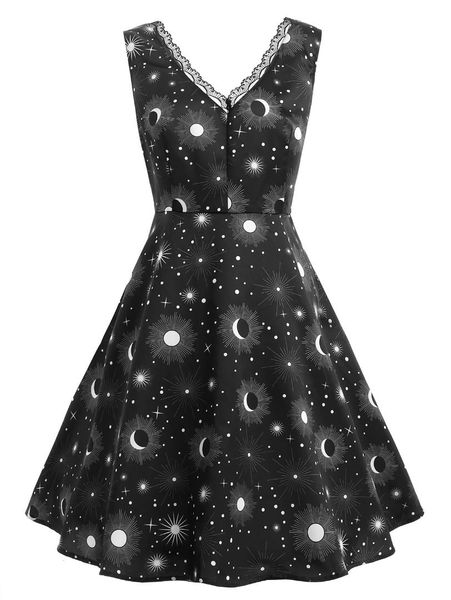 

zan.style plus size starry sky prints knee length vintage women dress v neck sleeveless lace patchwork high waist party dress, Black;gray