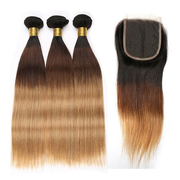 

1b-27 ombre человеческих волос пучки с закрытием малазийского прямыми волосами пучки с 4x4 шнурком закрытие remy выдвижения волос beyo, Black;brown