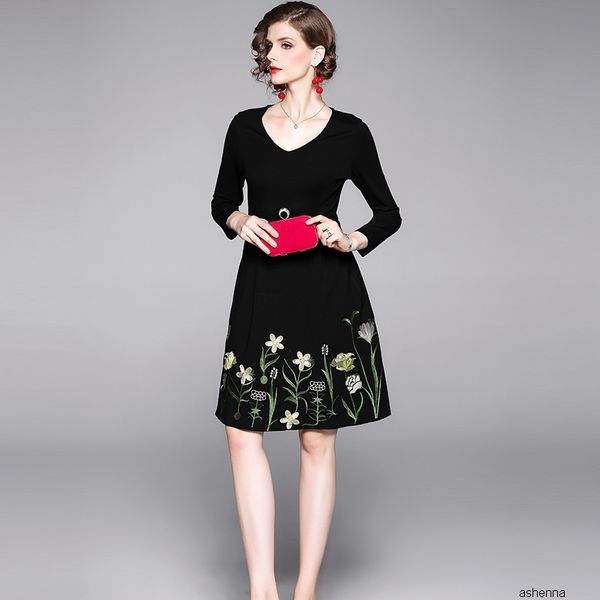 

womens designer dress season slim heavy embroidery v-neck long base skirtho7d, Black;gray