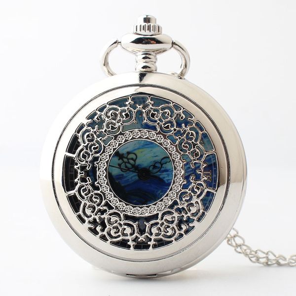 

royal goods palace hollow out van gogh dial fashion classic design quartz fob pocket watch with long necklace chain, Slivery;golden